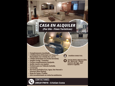Casas Alquiler Santiago Del Estero HERMOSA CASA EN PLENO CENTRO CON COCHERA (TEMPORARIO - FINES TURISTICOS)